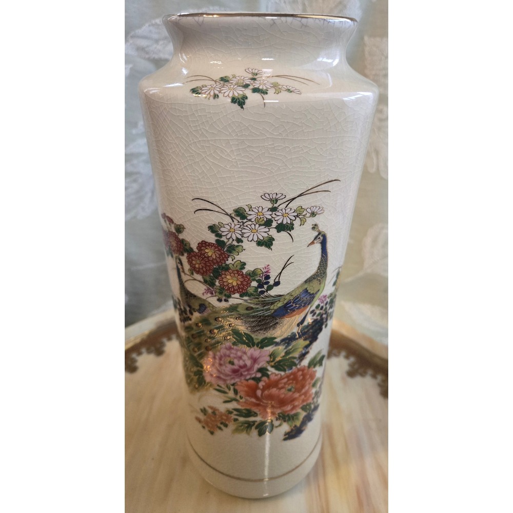 Vintage Satsuma Japan Peacock Floral Crackle Glaze Porcelain Vase Gold Trim 10"